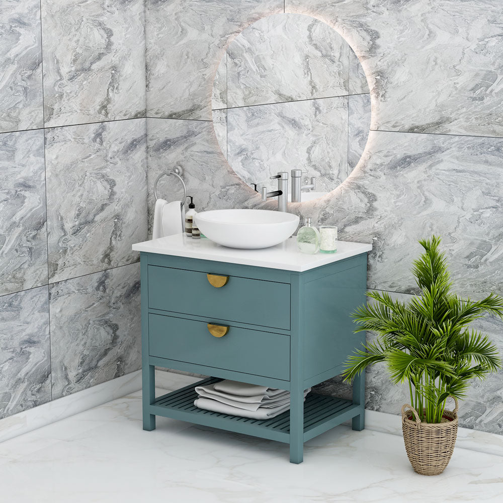 Vanity, Green Color Vanity, Water Resistant Vanity, Vanity with White Corian Top, Vanity with Drawer, Vanity with Wooden Leg, Vanity with Open Shelf,  Vanity -IM138