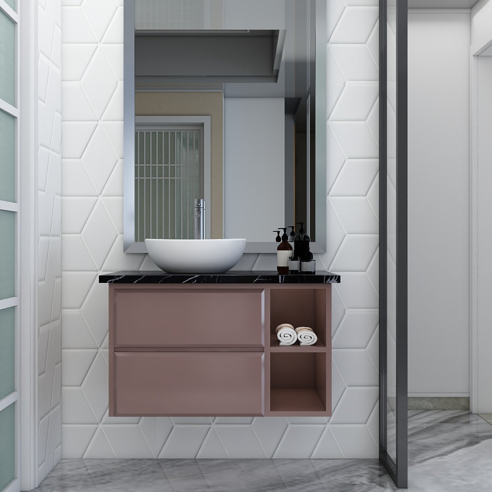 Vanity, Dusty Pink & Black Color Vanity, Vanity Top in Full Body Tile, Vanity with Drawer & Open Space, Wall Mounted Vanity, Vanity - IM145