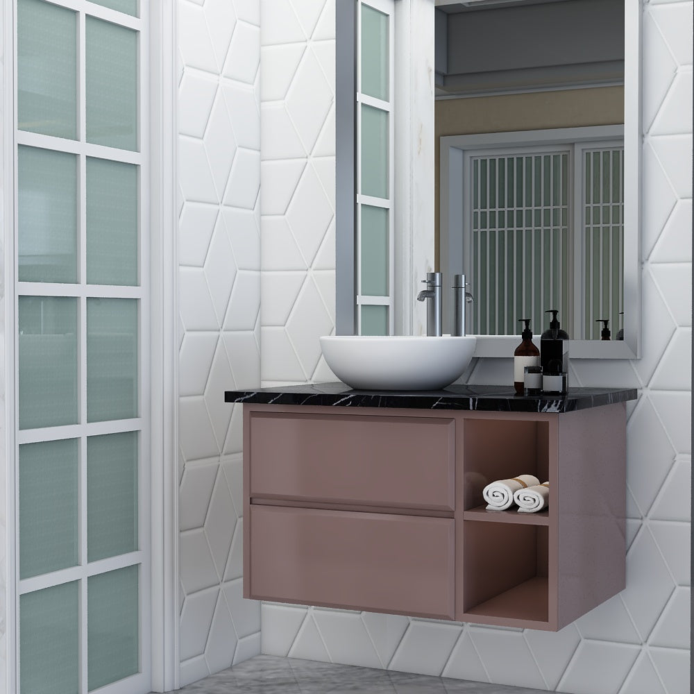 Vanity, Dusty Pink & Black Color Vanity, Vanity Top in Full Body Tile, Vanity with Drawer & Open Space, Wall Mounted Vanity, Vanity - IM145