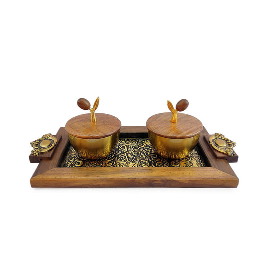 Table Accessory, Table Accessory in Metal & Wood, Table Accessory in Golden & Brown Color, Tray & Bowl for Table Accessory, Table Accessory - IM15058