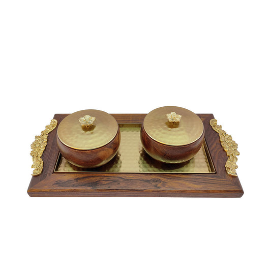 Table Accessory, Table Accessory in Metal & Wood, Table Accessory in Golden & Brown Color, Tray & Bowl for Table Accessory, Table Accessory - IM15059