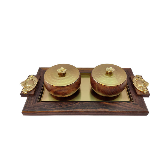 Table Accessory, Table Accessory in Metal & Wood, Table Accessory in Golden & Brown Color, Tray & Bowl for Table Accessory, Table Accessory - IM15060