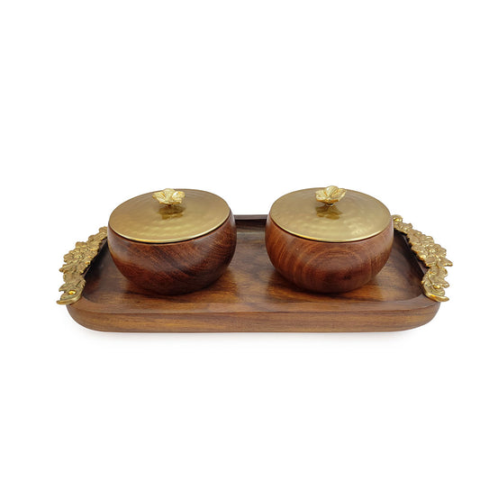 Table Accessory, Table Accessory in Metal & Wood, Table Accessory in Golden & Brown Color, Tray & Bowl for Table Accessory, Table Accessory - IM15061