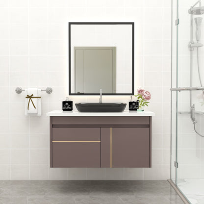 Vanity, Brown Color Vanity, White Corian Top, Vanity with Shutter, Wall Mounted Vanity, Vanity - IM150