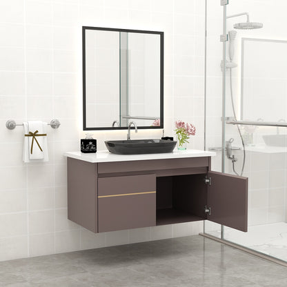 Vanity, Brown Color Vanity, White Corian Top, Vanity with Shutter, Wall Mounted Vanity, Vanity - IM150