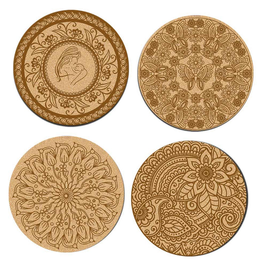 DIY Traditional and Floral Art MDF Wooden Coasters with Brush and Colors, Mandala Coasters, DIY Coastesr, Beige Color Coasters, Set OF 4 Coasters, Coasters & Plates - IM15170