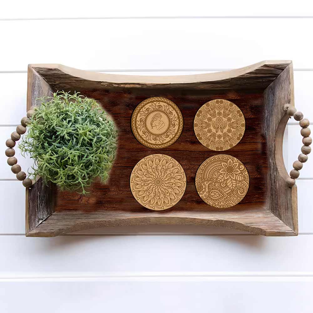 DIY Traditional and Floral Art MDF Wooden Coasters with Brush and Colors, Mandala Coasters, DIY Coastesr, Beige Color Coasters, Set OF 4 Coasters, Coasters & Plates - IM15170