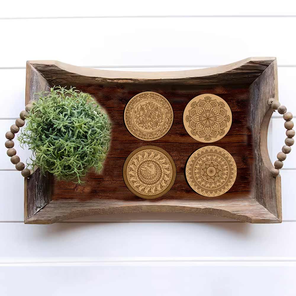 DIY Traditional and Floral Art MDF Wooden Coasters with Brush and Colors, Mandala Coasters, DIY Coastesr, Beige Color Coasters, Set OF 4 Coasters, Coasters & Plates - IM15178