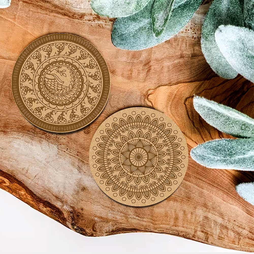 DIY Traditional and Floral Art MDF Wooden Coasters with Brush and Colors, Mandala Coasters, DIY Coastesr, Beige Color Coasters, Set OF 4 Coasters, Coasters & Plates - IM15178