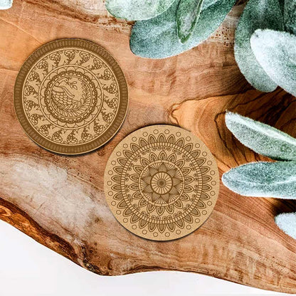 DIY Traditional and Floral Art MDF Wooden Coasters with Brush and Colors, Mandala Coasters, DIY Coastesr, Beige Color Coasters, Set OF 4 Coasters, Coasters & Plates - IM15178