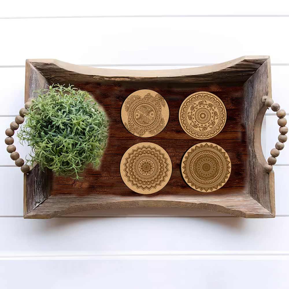 DIY Traditional and Floral Art MDF Wooden Coasters with Brush and Colors, Mandala Coasters, DIY Coastesr, Beige Color Coasters, Set OF 4 Coasters, Coasters & Plates - IM15179