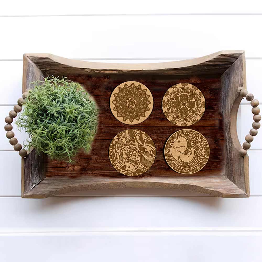 DIY Traditional and Floral Art MDF Wooden Coasters with Brush and Colors, Mandala Coasters, DIY Coastesr, Beige Color Coasters, Set OF 4 Coasters, Coasters & Plates - IM15180