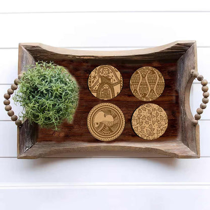 DIY Traditional and Floral Art MDF Wooden Coasters with Brush and Colors, Mandala Coasters, DIY Coastesr, Beige Color Coasters, Set OF 4 Coasters, Coasters & Plates - IM15183