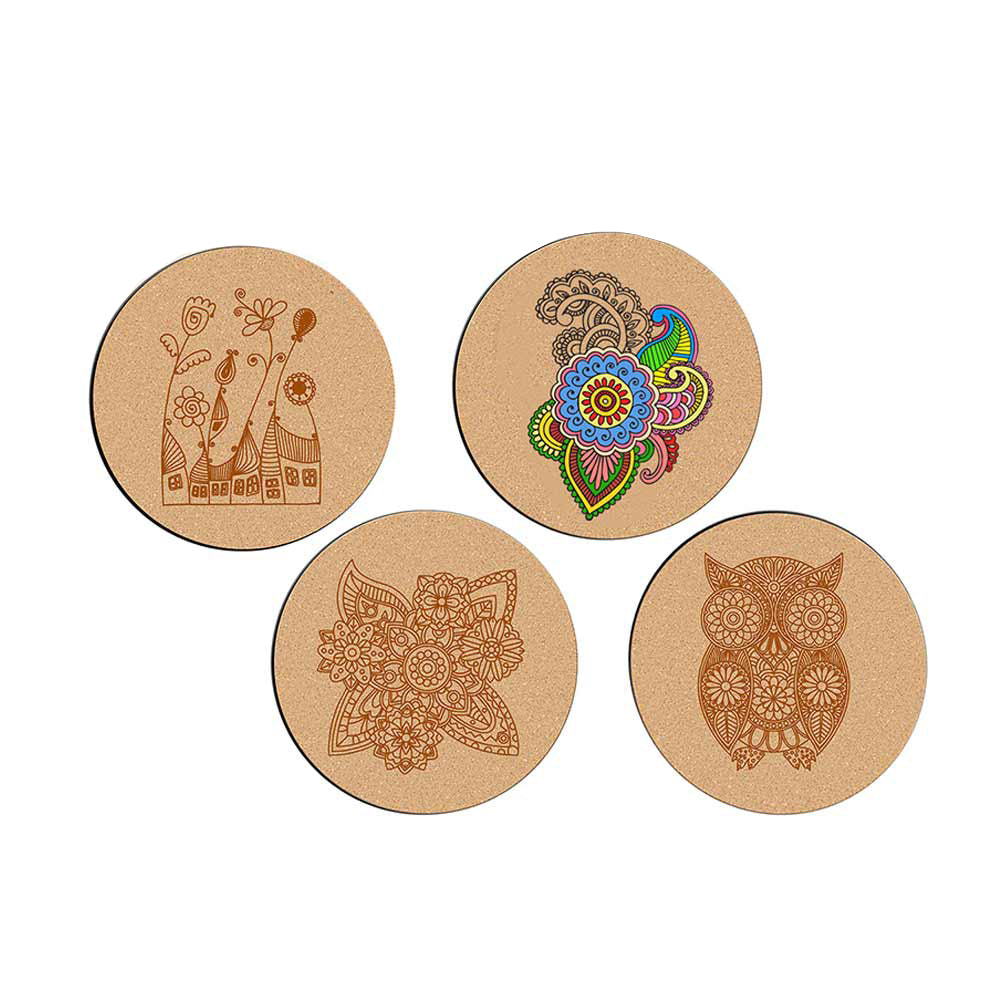 DIY Traditional and Floral Art MDF Wooden Coasters with Brush and Colors, Mandala Coasters, DIY Coastesr, Beige Color Coasters, Set OF 4 Coasters, Coasters - IM15191