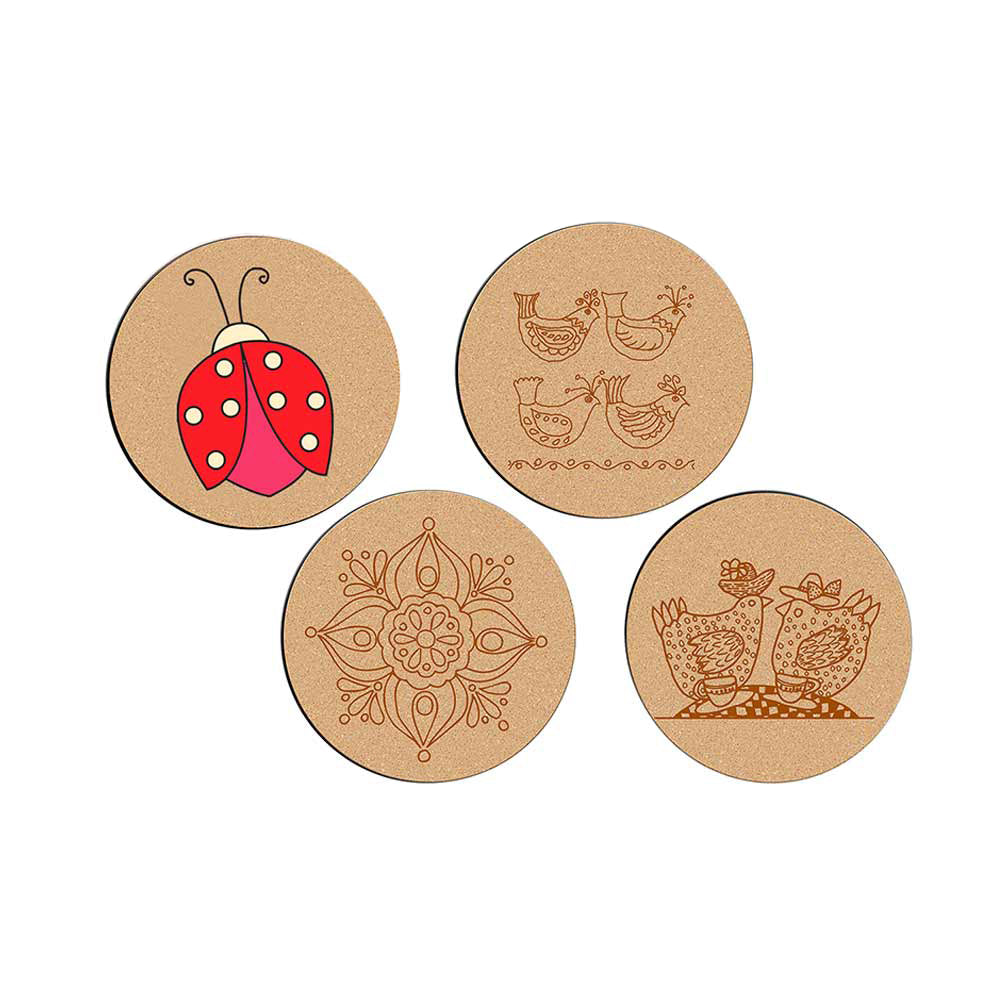 DIY Traditional and Floral Art MDF Wooden Coasters with Brush and Colors, Mandala Coasters, DIY Coastesr, Beige Color Coasters, Set OF 4 Coasters, Coasters - IM15192