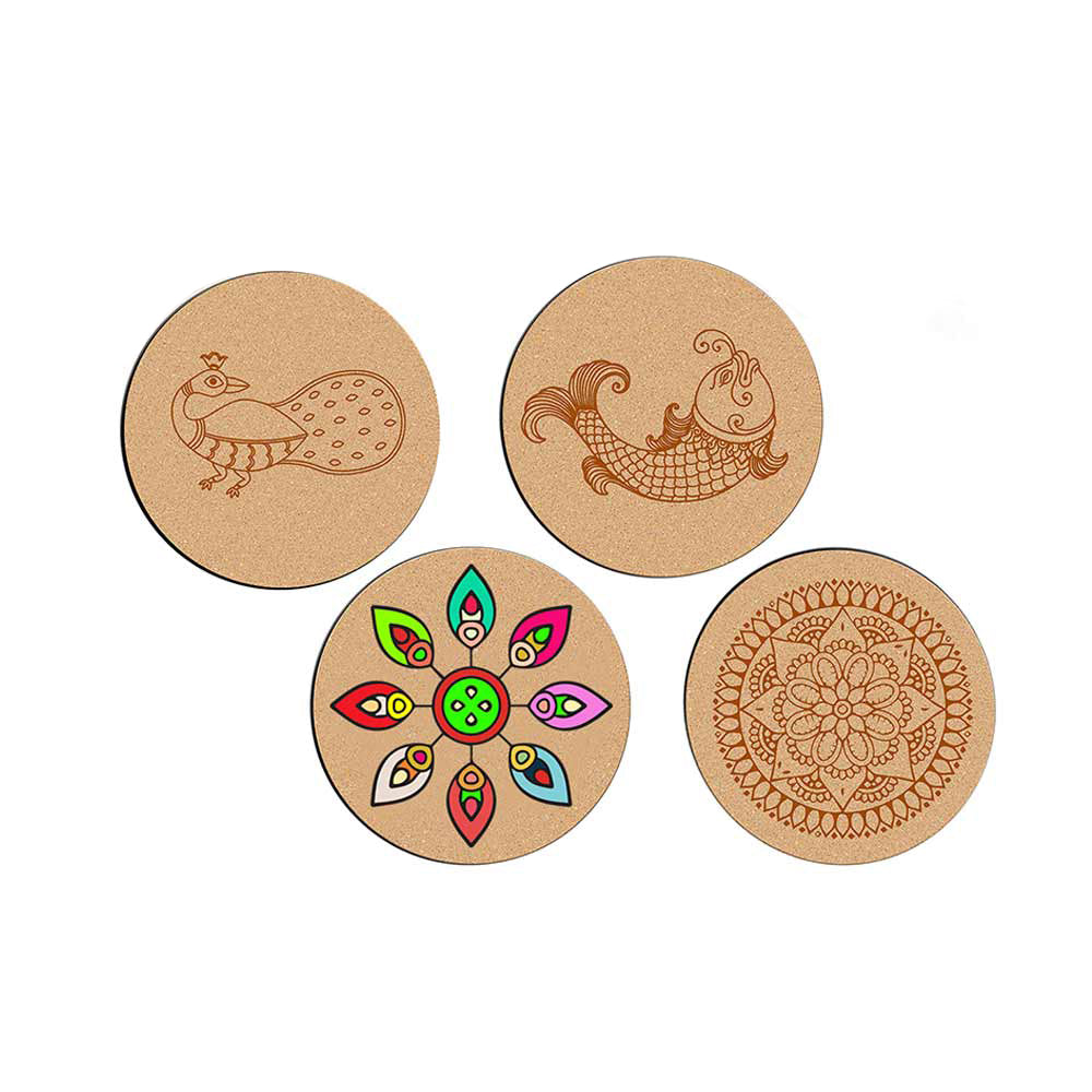 DIY Traditional and Floral Art MDF Wooden Coasters with Brush and Colors, Mandala Coasters, DIY Coastesr, Beige Color Coasters, Set OF 4 Coasters, Coasters - IM15194