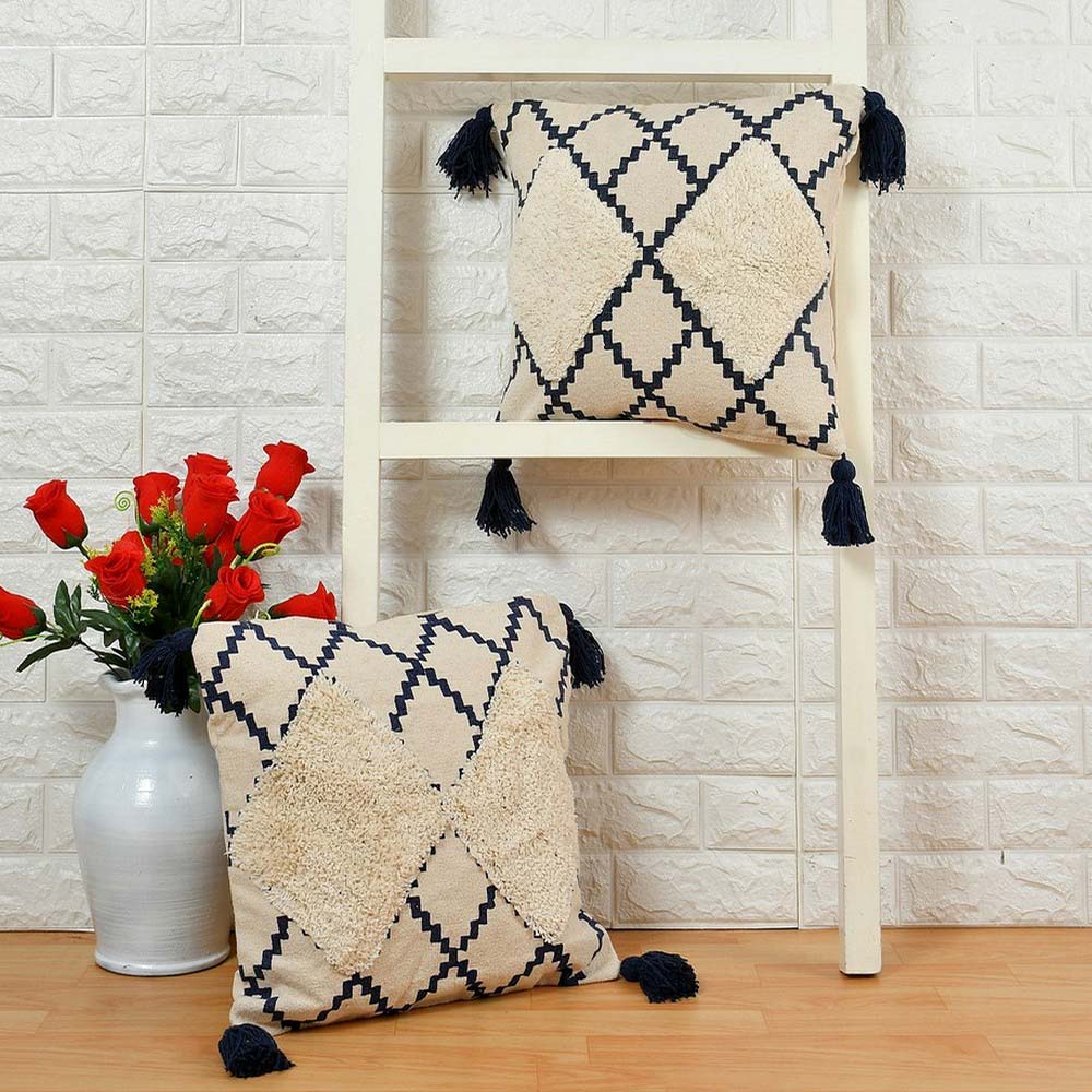 Cushion Cover, (i209_1_16_1), Cushion With OFF-White & Blue  Color, Cushion For Living & Bedroom Area, Cushion - IM15244