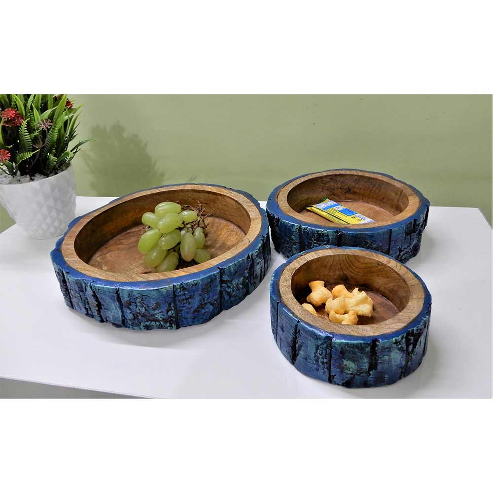 Bowls Tray combo set of 3 with outer lining of Tree bark MintBlue vintage looks Fruits basket or table organizer , Bowl - IM15283