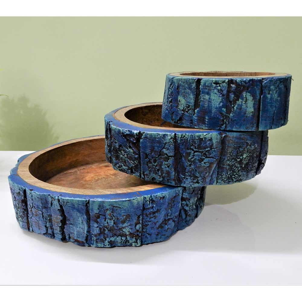 Bowls Tray combo set of 3 with outer lining of Tree bark MintBlue vintage looks Fruits basket or table organizer , Bowl - IM15283