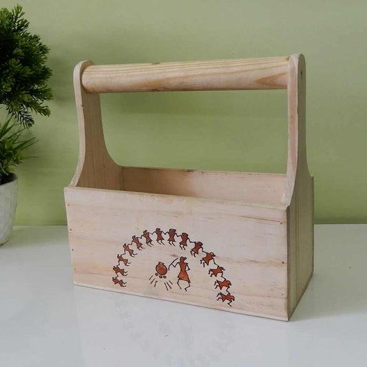 CT02, Cutlery Holder or Magazine Organizer, Knife stand spoon stand Spacious Kitchen organizer With handmade Warli Art & Removable Partition,Pinewood  , Cutlery Holder - IM15297