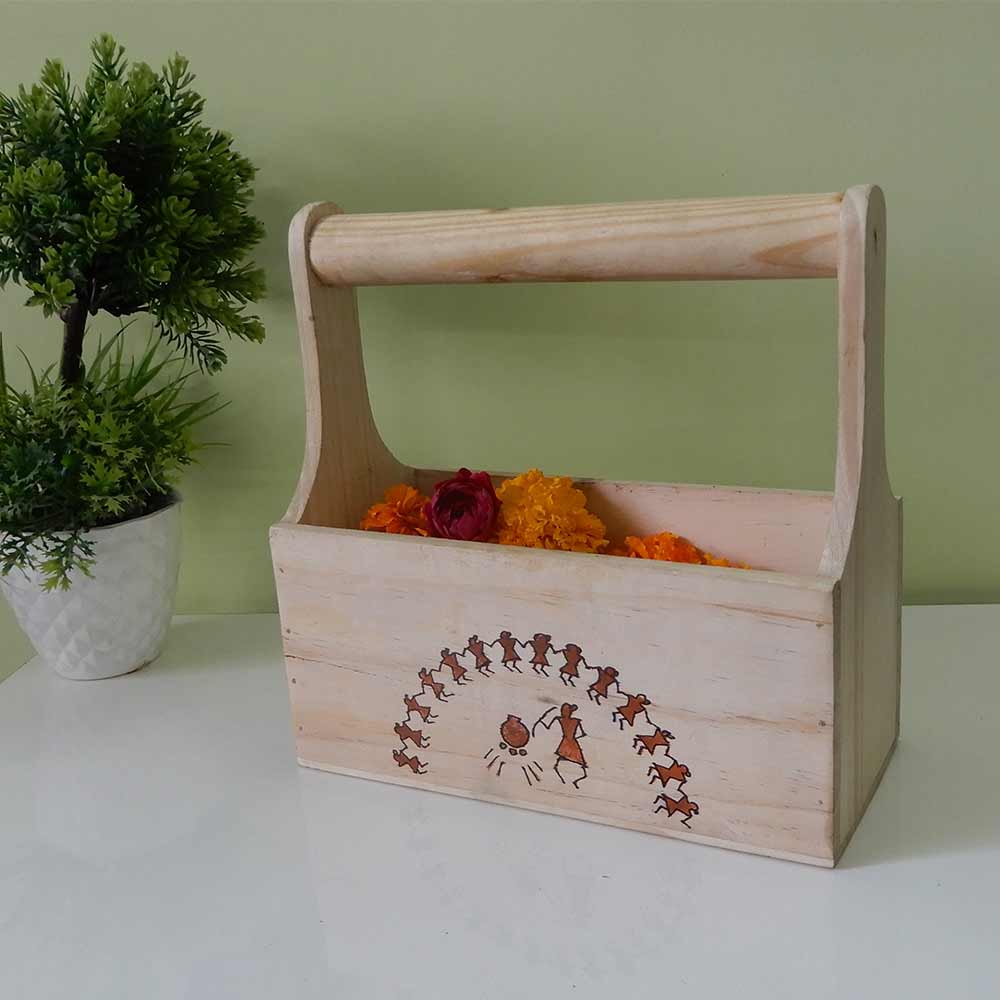 CT02, Cutlery Holder or Magazine Organizer, Knife stand spoon stand Spacious Kitchen organizer With handmade Warli Art & Removable Partition,Pinewood  , Cutlery Holder - IM15297