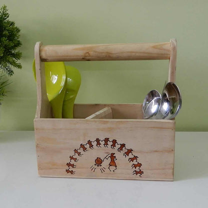 CT02, Cutlery Holder or Magazine Organizer, Knife stand spoon stand Spacious Kitchen organizer With handmade Warli Art & Removable Partition,Pinewood  , Cutlery Holder - IM15297