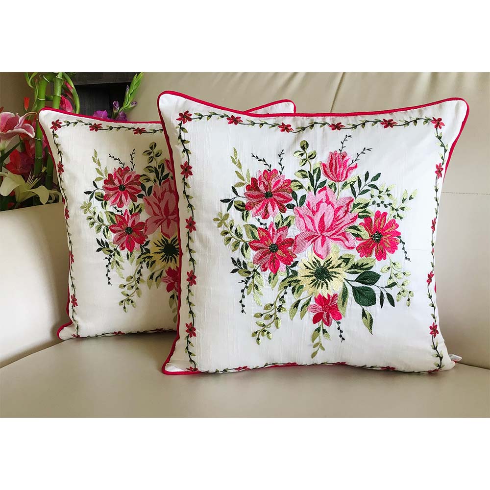 Cushion Covers(TSHFLP02L), MY FAIR LADY- EMBROIDERED Cotton Silk Cushion Covers- Set of 2- Fuchsia Pink, Cushion Covers - IM15304