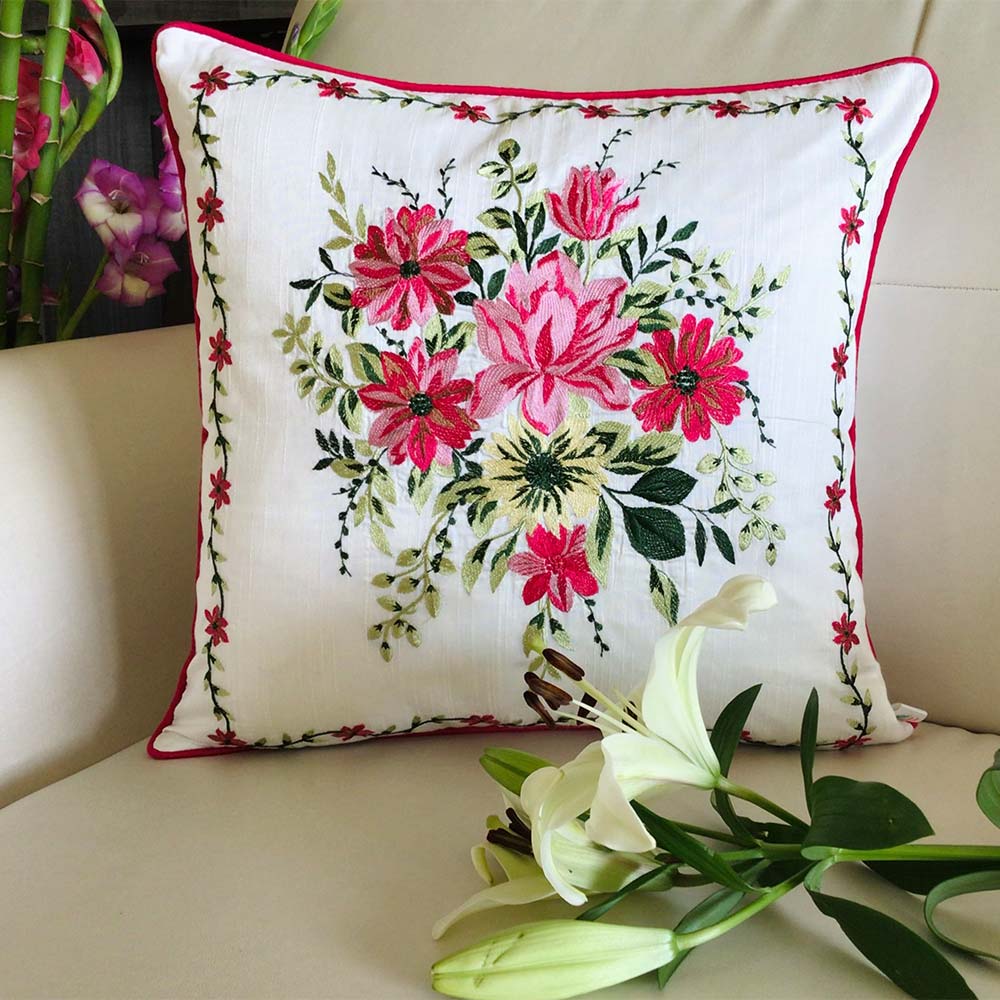 Cushion Covers(TSHFLP02L), MY FAIR LADY- EMBROIDERED Cotton Silk Cushion Covers- Set of 2- Fuchsia Pink, Cushion Covers - IM15304