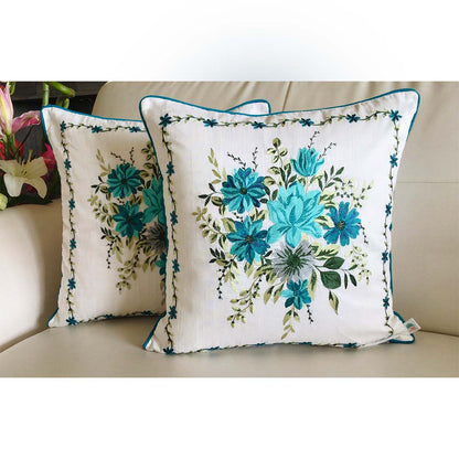 Cushion Covers(TSHFLB02M), MY FAIR LADY- EMBROIDERED Cotton Silk Cushion Covers- Set of 2- Aqua Blue, Cushion Covers - IM15305