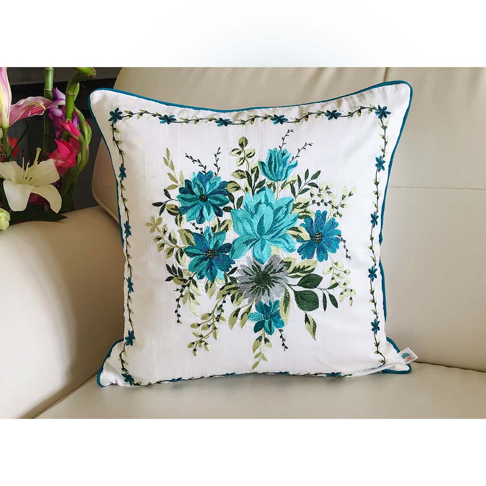 Cushion Covers(TSHFLB02M), MY FAIR LADY- EMBROIDERED Cotton Silk Cushion Covers- Set of 2- Aqua Blue, Cushion Covers - IM15305