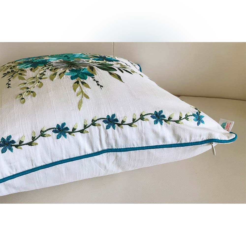 Cushion Covers(TSHFLB02M), MY FAIR LADY- EMBROIDERED Cotton Silk Cushion Covers- Set of 2- Aqua Blue, Cushion Covers - IM15305