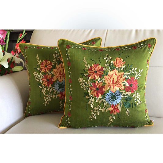 Cushion Covers(TSHFLG02M), MY FAIR LADY- EMBROIDERED Cotton Silk Cushion Covers- Set of 2- Olive Green, Cushion Covers - IM15307