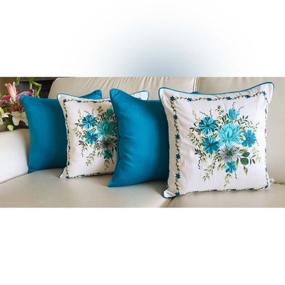 Cushion Covers(TSHFLB04M), MY FAIR LADY- EMBROIDERED Cotton Silk Cushion Covers- Set of 4- Aqua Blue with Color Pops, Cushion Covers - IM15311