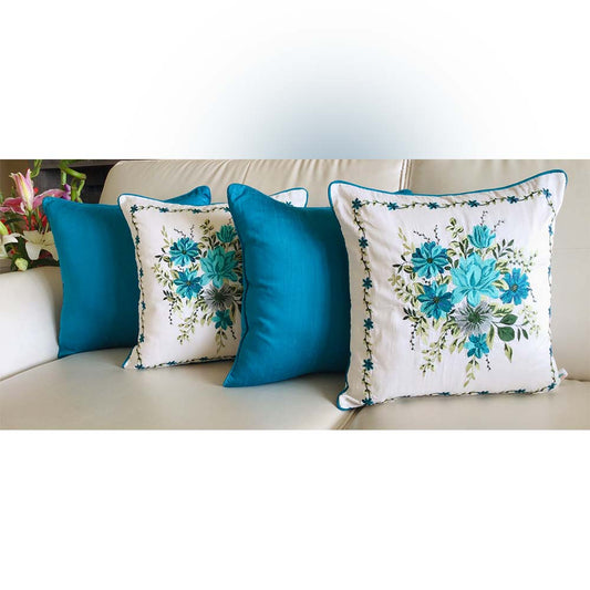 Cushion Covers(TSHFLB04M), MY FAIR LADY- EMBROIDERED Cotton Silk Cushion Covers- Set of 4- Aqua Blue with Color Pops, Cushion Covers - IM15311