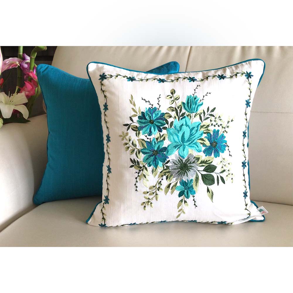 Cushion Covers(TSHFLB04M), MY FAIR LADY- EMBROIDERED Cotton Silk Cushion Covers- Set of 4- Aqua Blue with Color Pops, Cushion Covers - IM15311