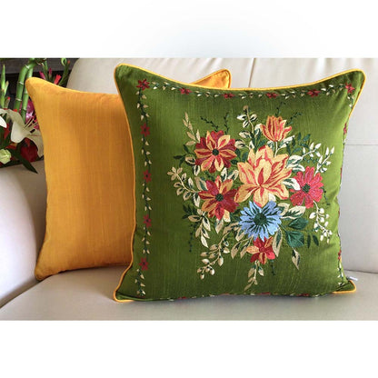 Cushion Covers(TSHFLG04M), MY FAIR LADY- EMBROIDERED Cotton Silk Cushion Covers- Set of 4- Olive Green with Color Pops, Cushion Covers - IM15313