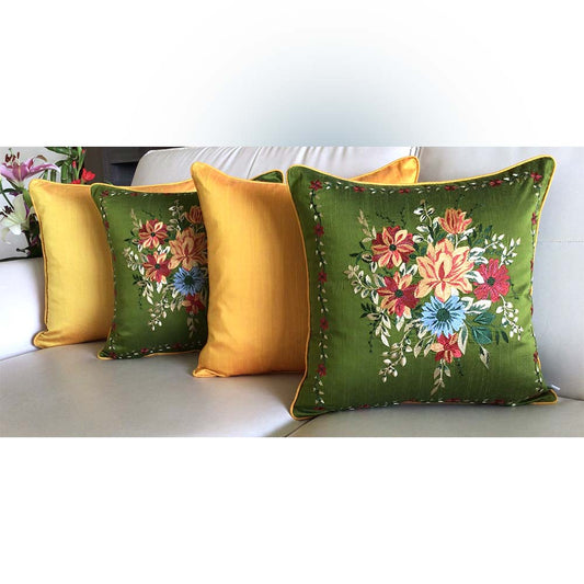 Cushion Covers(TSHFLG04L), MY FAIR LADY- EMBROIDERED Cotton Silk Cushion Covers- Set of 4- Olive Green with Color Pops, Cushion Covers - IM15314