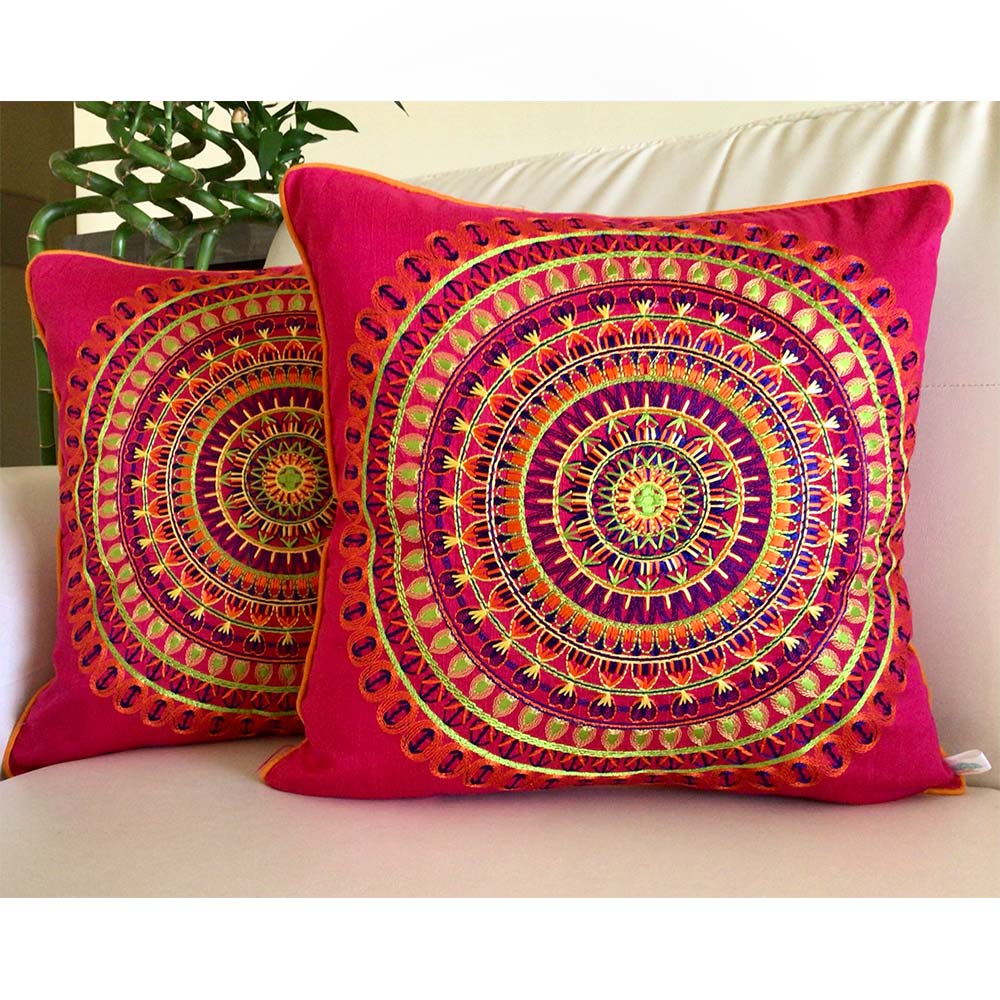 Cushion Covers(TSHCIP02M), Colors of India- Embroidered Cotton Silk Cushion Cover- Fuschia Pink- Set of 2, Cushion Covers - IM15316