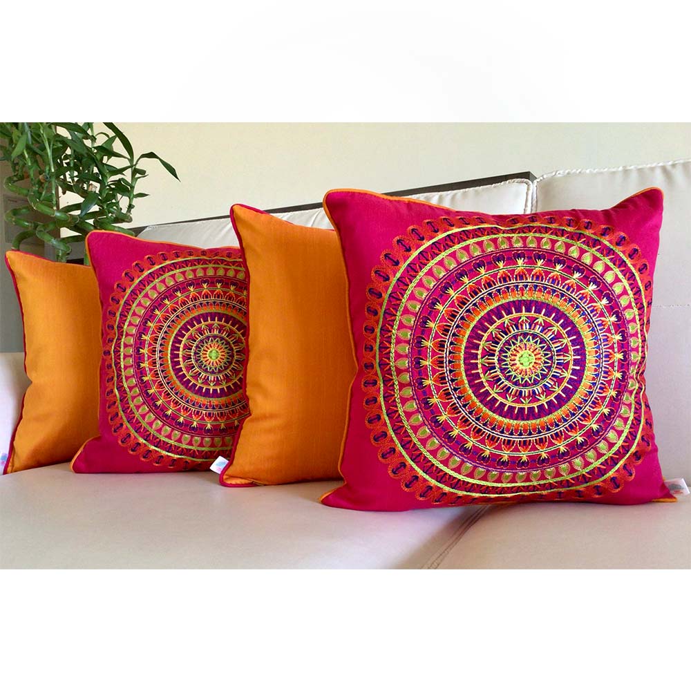 Cushion Covers(TSHCIP02L), Colors of India- Embroidered Cotton Silk Cushion Cover- Fuschia Pink- Set of 2, Cushion Covers - IM15317