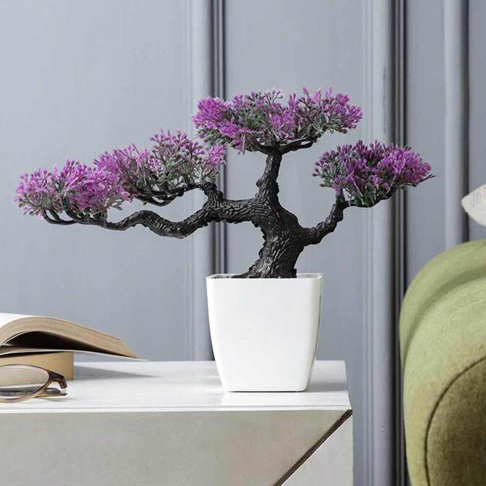 Table Decor (DE1959003-S-PM26503), Purple Polyester and Plastic Artificial 4 Head Bonsai Plant with Light Purple Leaves with Pot by Foliyaj, Table Decor - IM15575