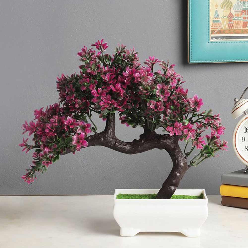 Table Decor (DE1873567-S-PM26503), Artificial Bent Bonsai Tree with Magenta Leaves with Pot by Foliyaj, Table Decor - IM15576