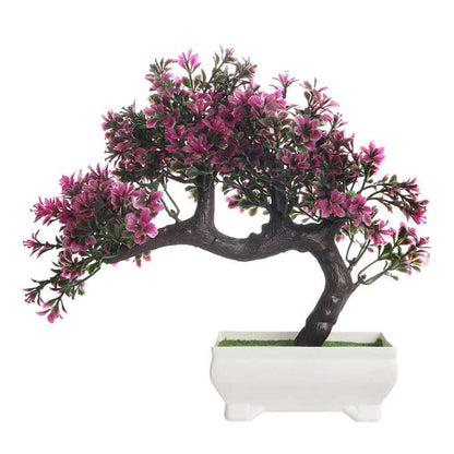 Table Decor (DE1873567-S-PM26503), Artificial Bent Bonsai Tree with Magenta Leaves with Pot by Foliyaj, Table Decor - IM15576