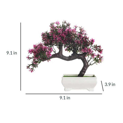 Table Decor (DE1873567-S-PM26503), Artificial Bent Bonsai Tree with Magenta Leaves with Pot by Foliyaj, Table Decor - IM15576