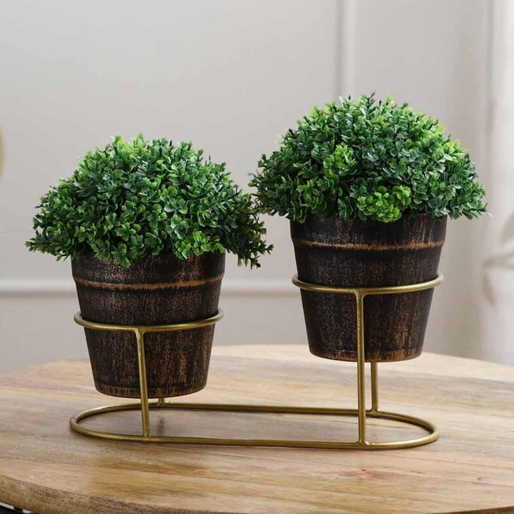 Table Decor (DE1946264-S-PM26503), Green Plastic Artificial Round Leaves Plant with Metal Holder, Set of 2 by Foliyaj, Table Decor - IM15577