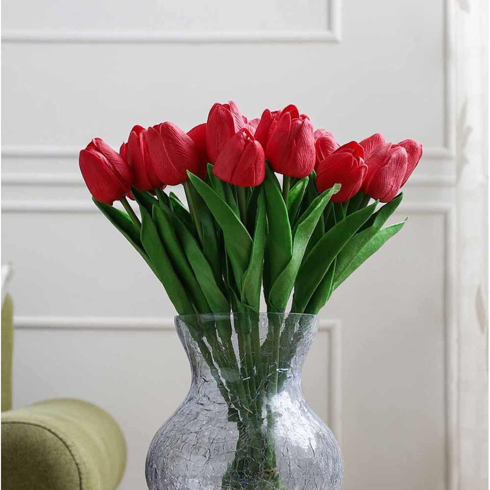 Table Decor (DE1946285-S-PM26503), Red & Green Plastic Artificial Tulip Flower without Pot, Set of 10 by Foliyaj, Table Decor - IM15581