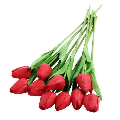 Table Decor (DE1946285-S-PM26503), Red & Green Plastic Artificial Tulip Flower without Pot, Set of 10 by Foliyaj, Table Decor - IM15581