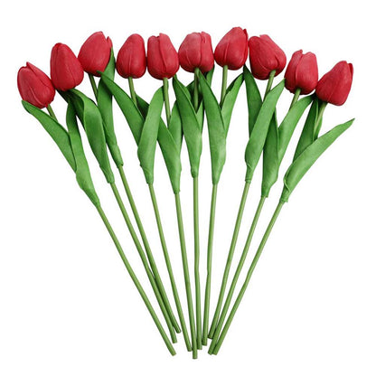 Table Decor (DE1946285-S-PM26503), Red & Green Plastic Artificial Tulip Flower without Pot, Set of 10 by Foliyaj, Table Decor - IM15581