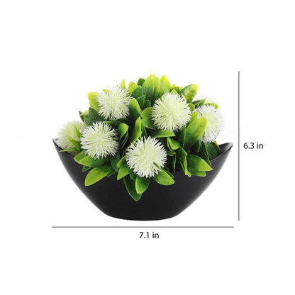 Table Decor (DE1958997-S-PM26503), Green Polyester & Plastic Artificial Plant with Round White Flowers with Pot by Foliyaj, Table Decor - IM15583