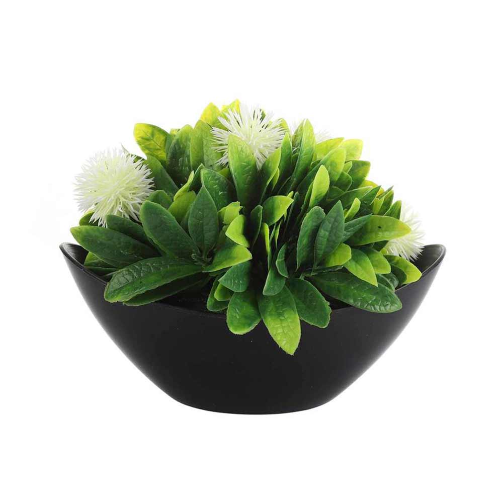 Table Decor (DE1958997-S-PM26503), Green Polyester & Plastic Artificial Plant with Round White Flowers with Pot by Foliyaj, Table Decor - IM15583