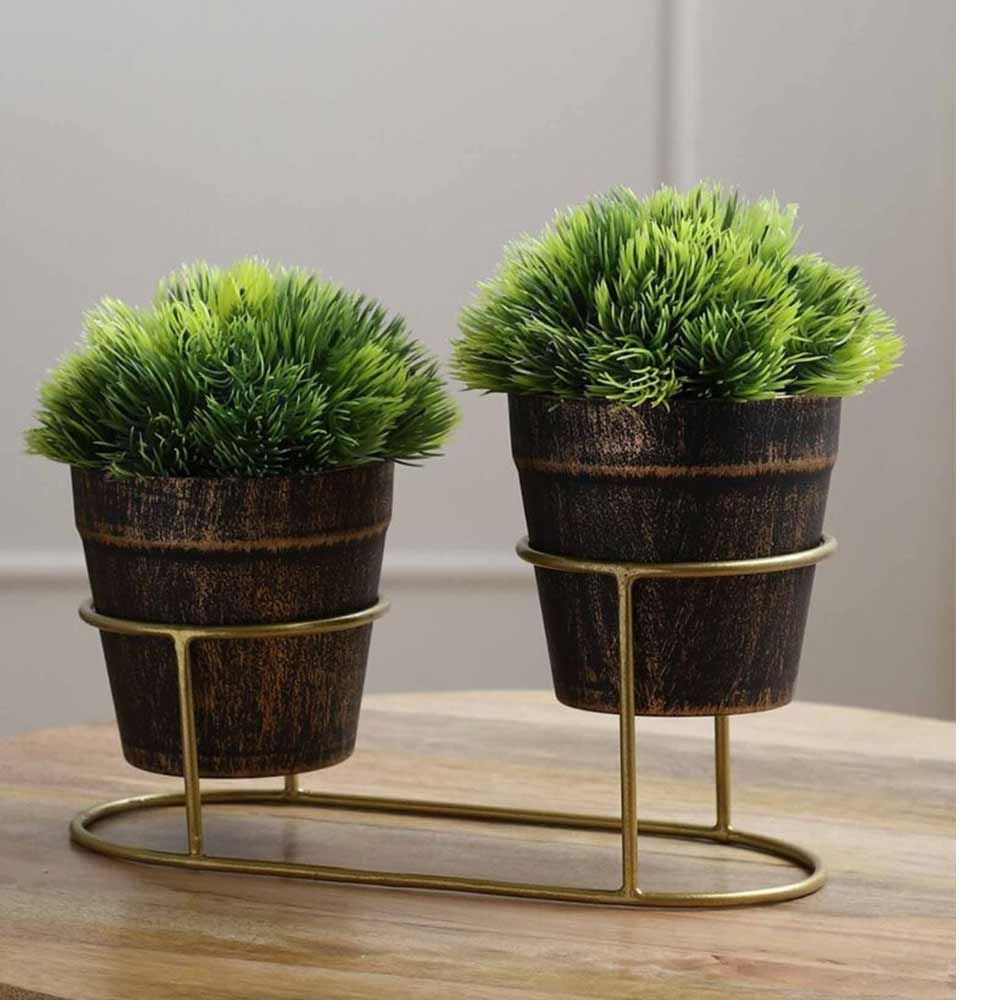 Table Decor (DE1946261-S-PM26503), Green Plastic Artificial Bushy Leaves Plant with Metal Holder, Set of 2 by Foliyaj, Table Decor - IM15584